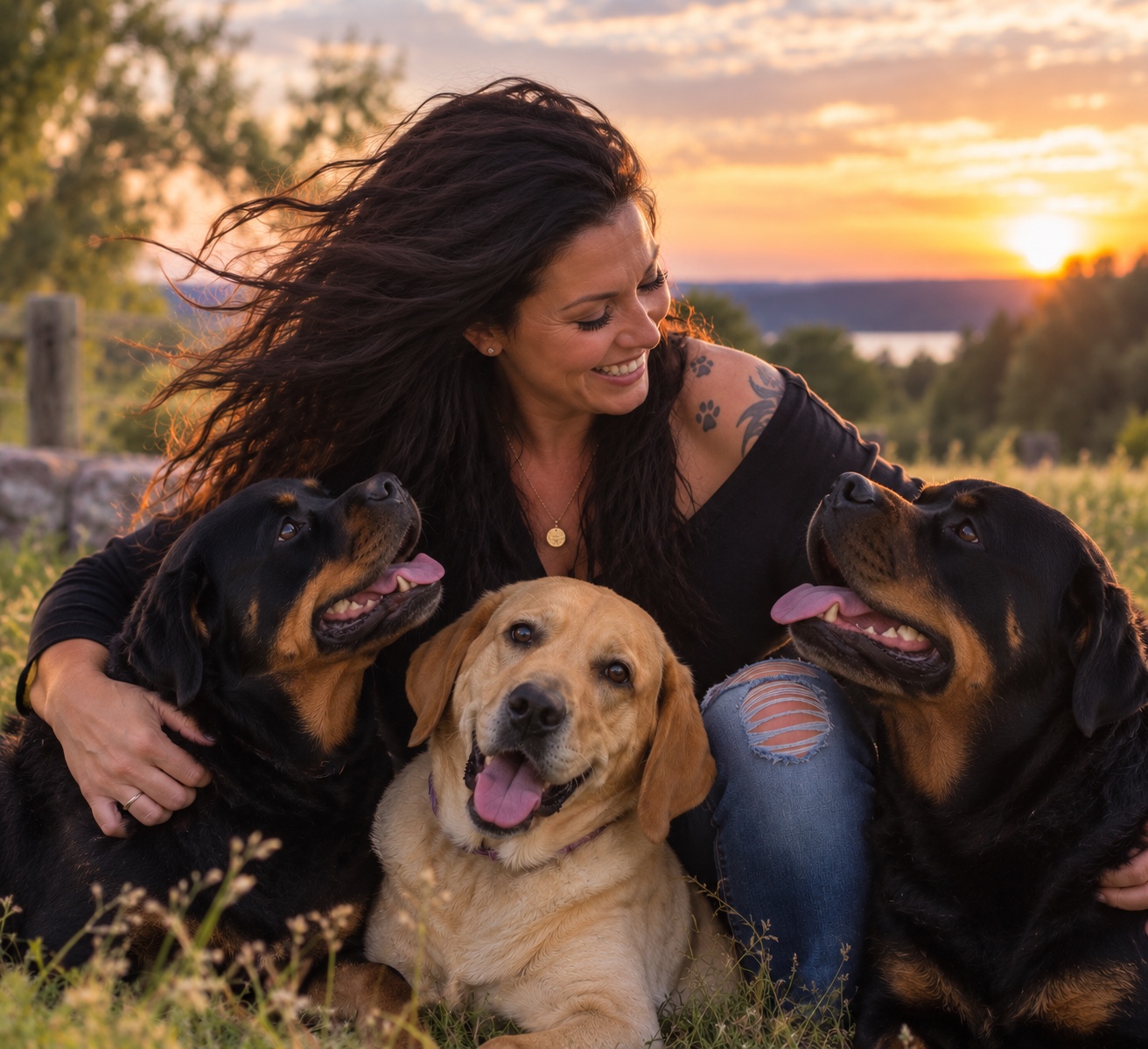 Jillian sitting outdoors with three dogs at sunset.