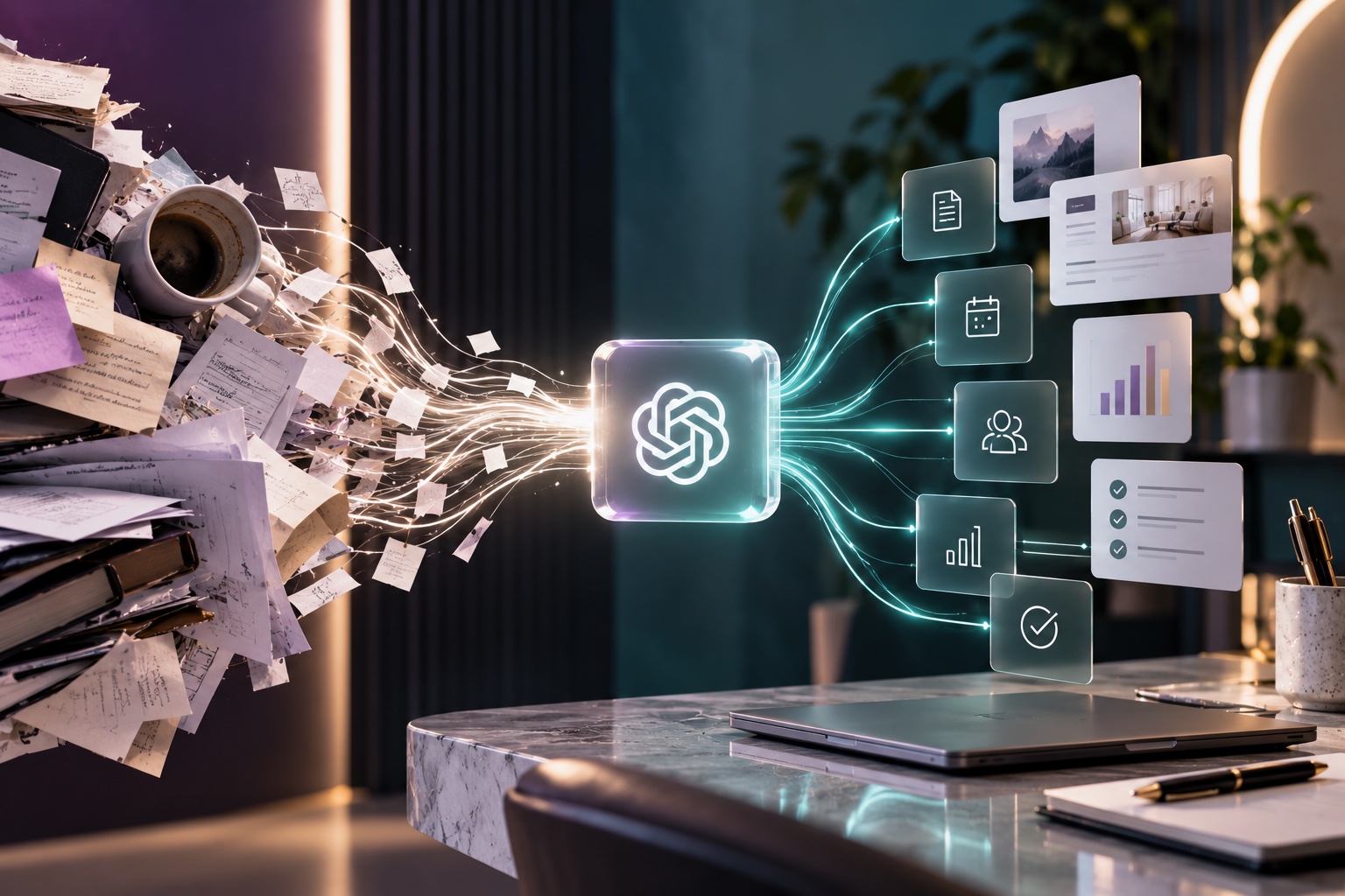 Concept illustration of scattered paperwork flowing through an AI symbol into organized document, calendar, people, reporting and checklist outputs.