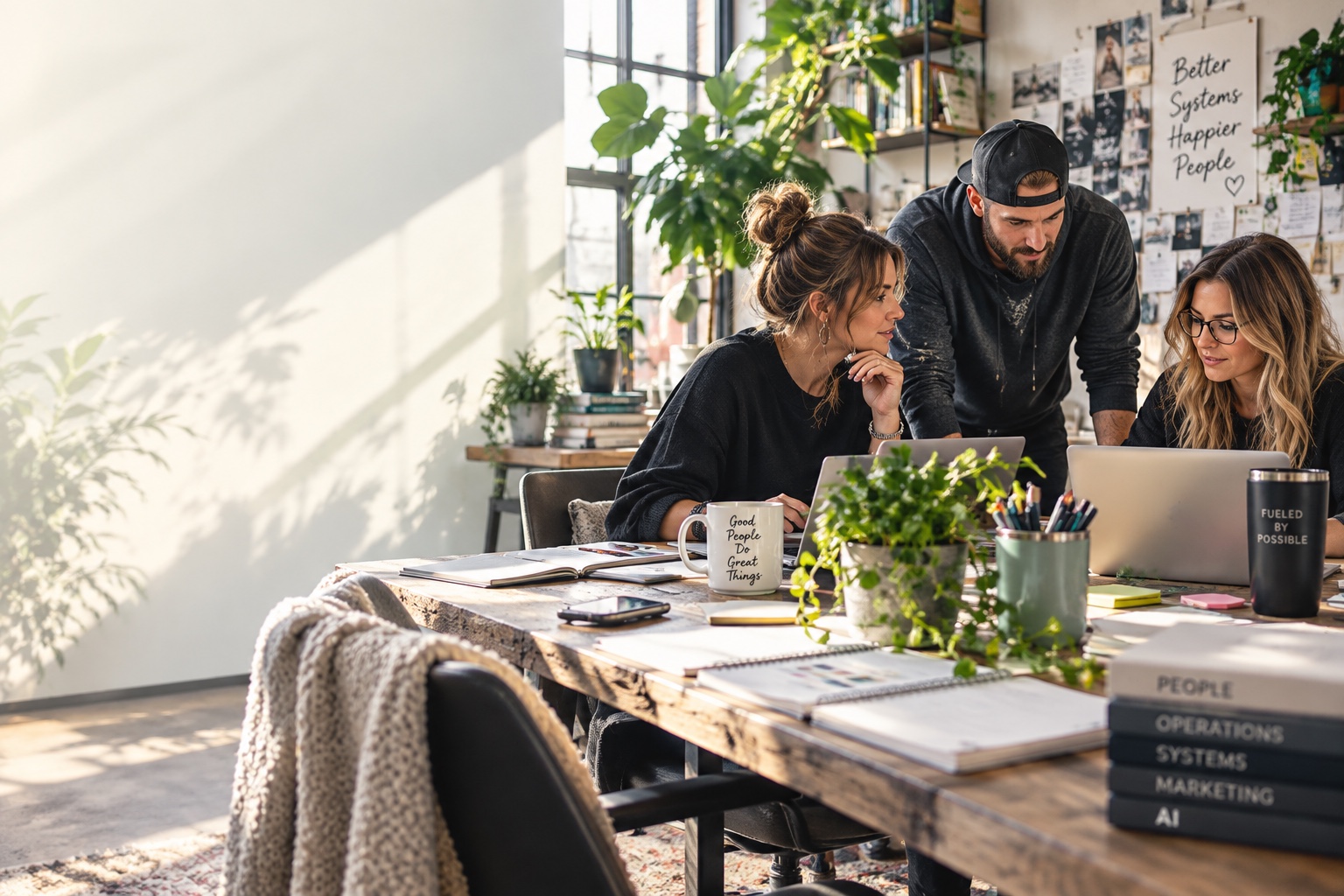 Three people collaborating around laptops and notebooks in a sunlit workspace filled with plants.