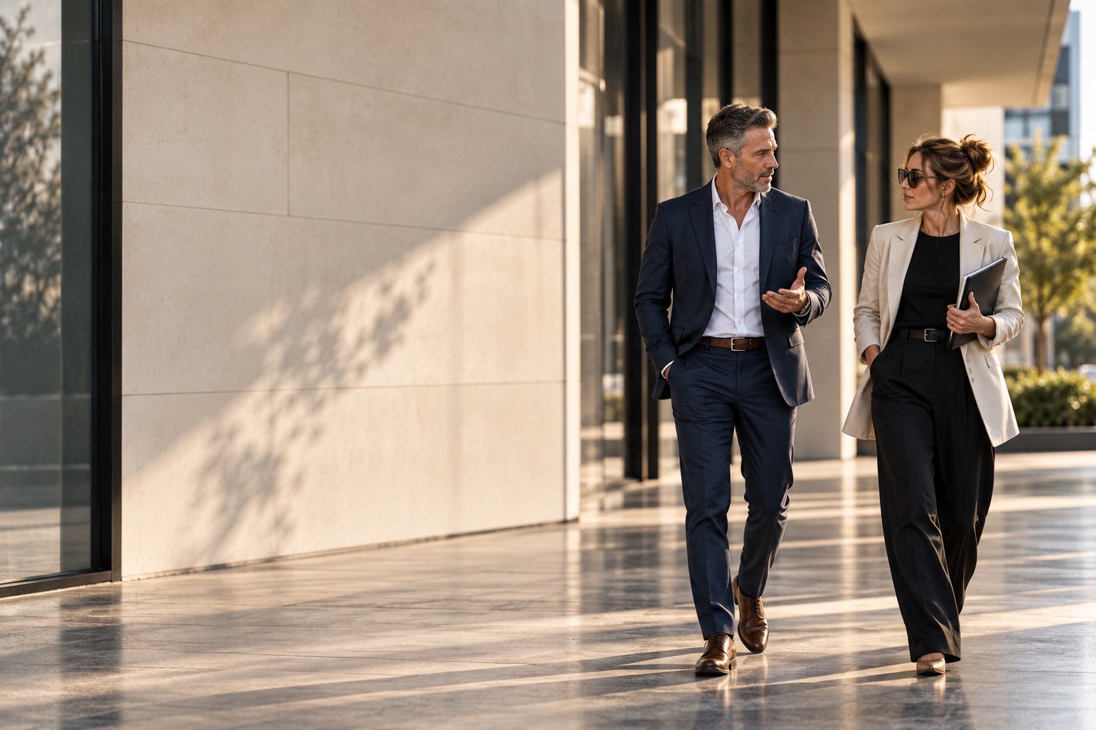 Two people walking together beside a sunlit building, talking while one carries a folder.