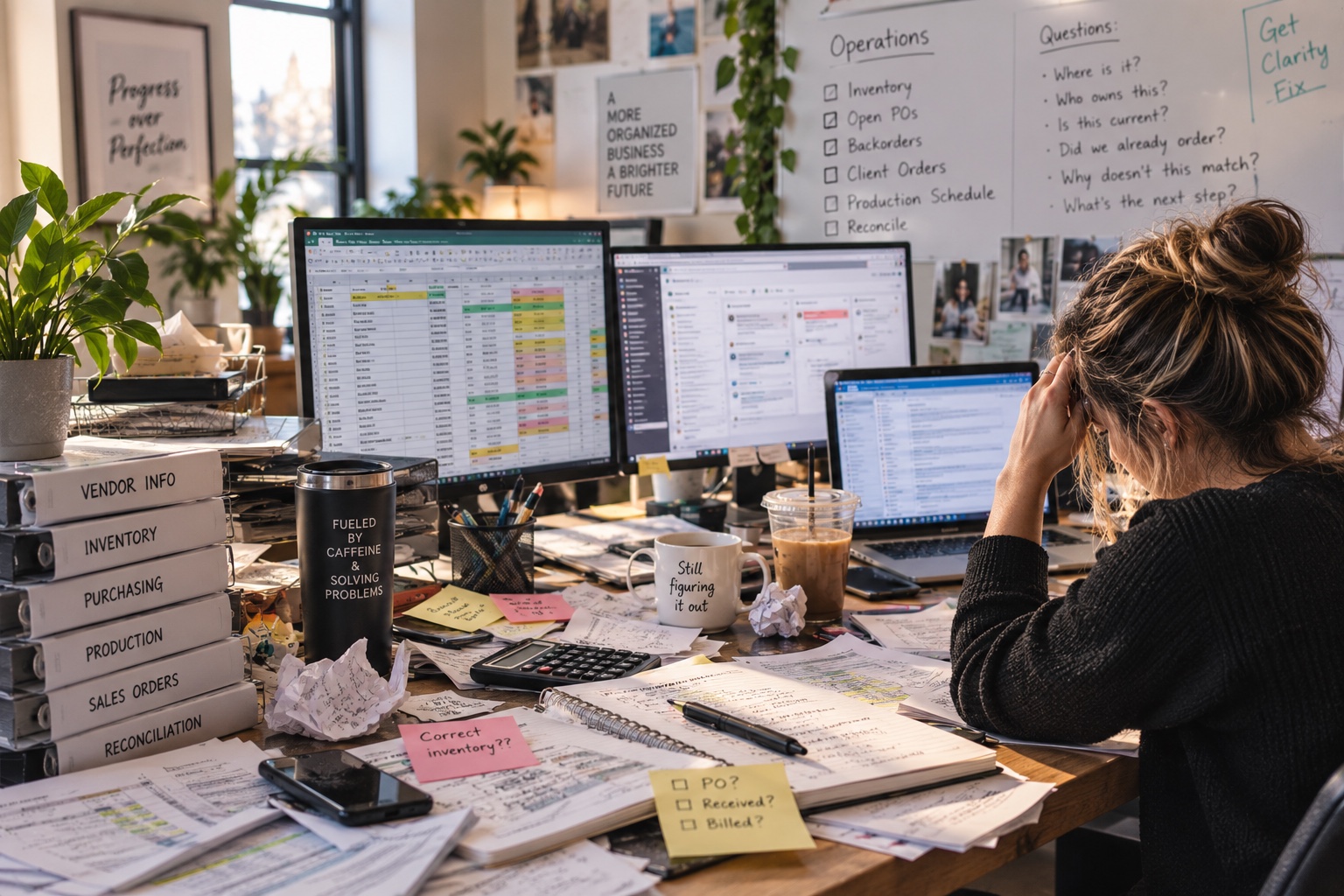 A person at a crowded desk with multiple screens, loose paperwork, handwritten notes and binders for separate operational tasks.