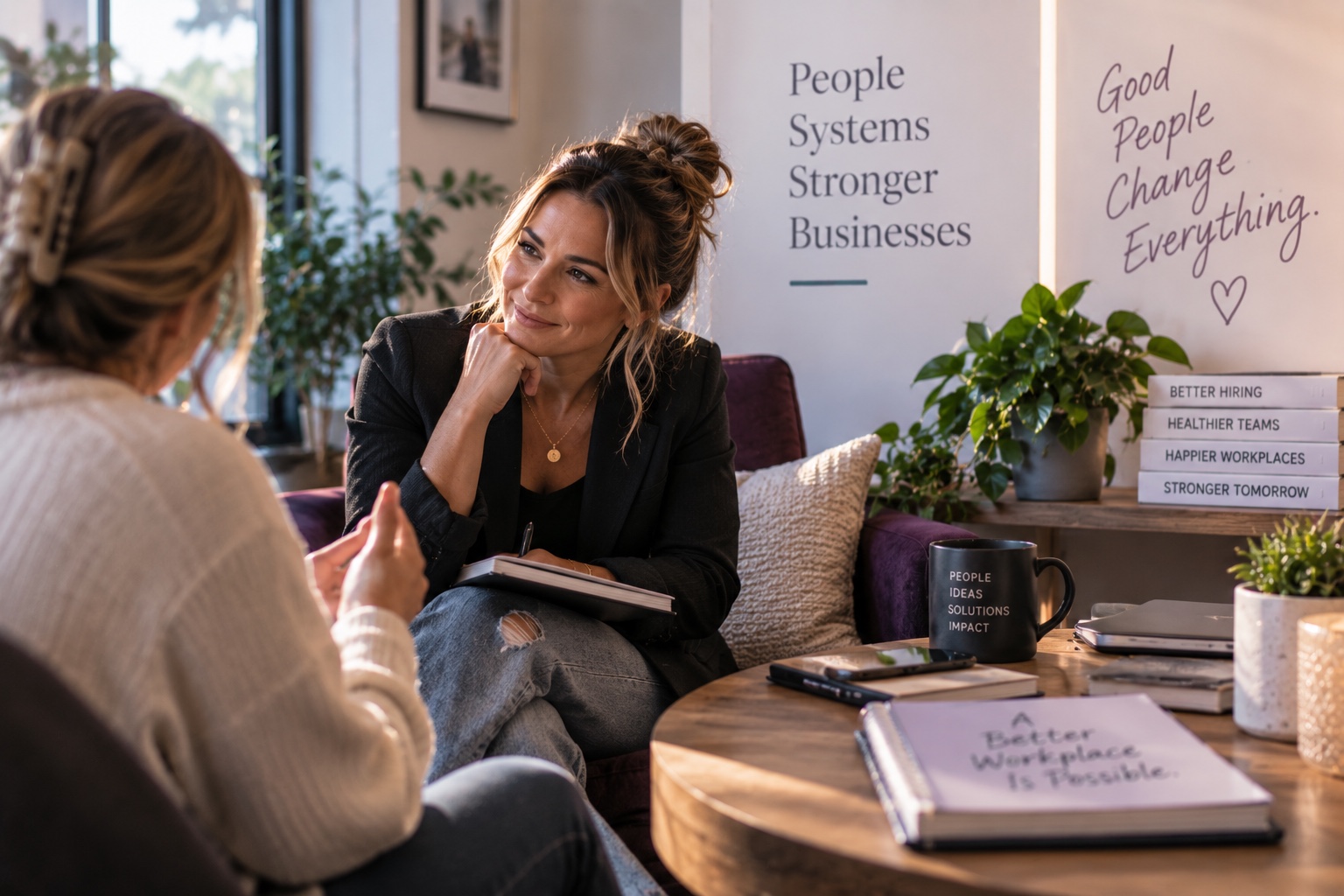 Two people in conversation in a sunlit workspace, one listening attentively with a notebook on her lap.